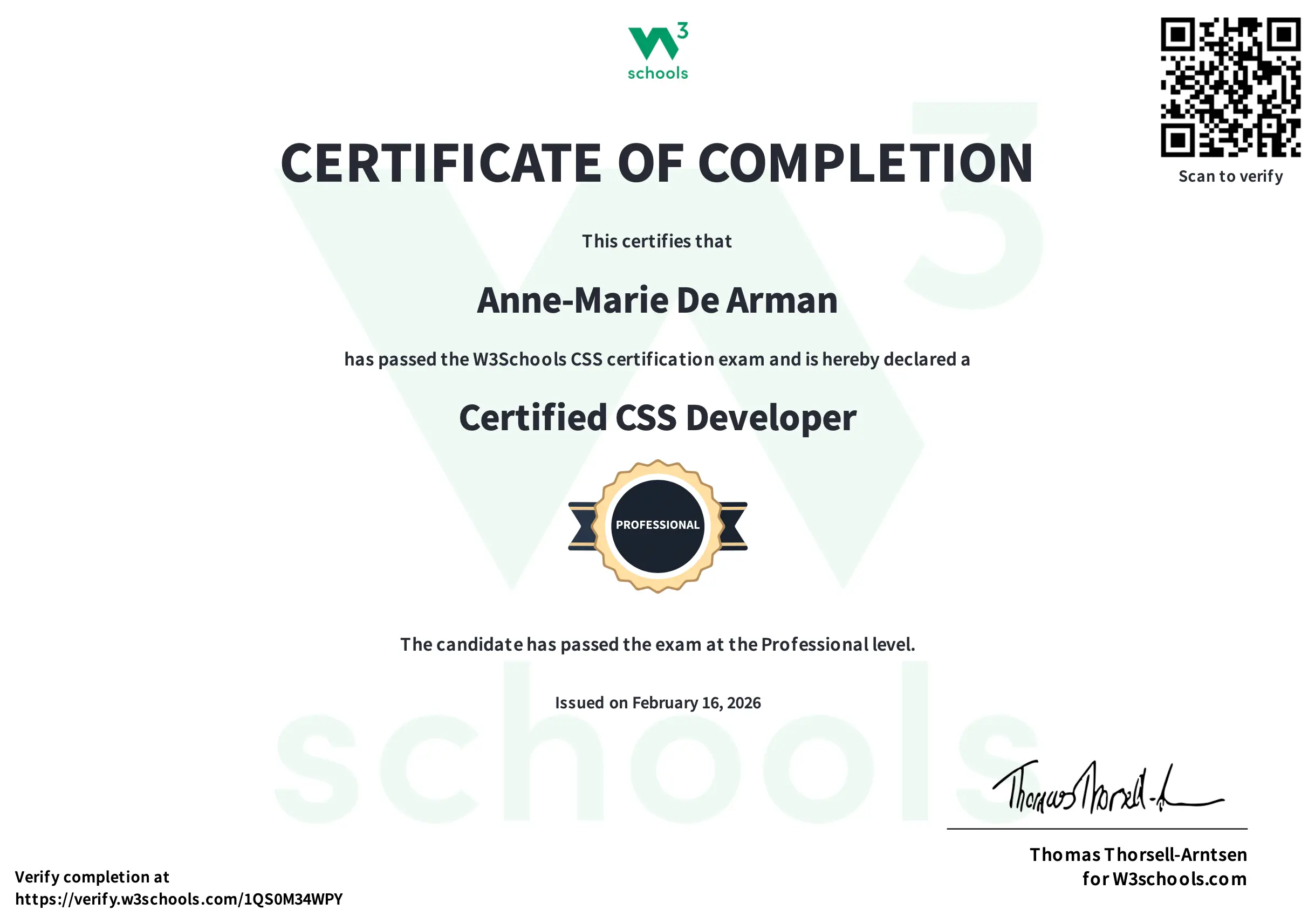 W3Schools Certified CSS Developer — Anne-Marie De Arman, February 2026