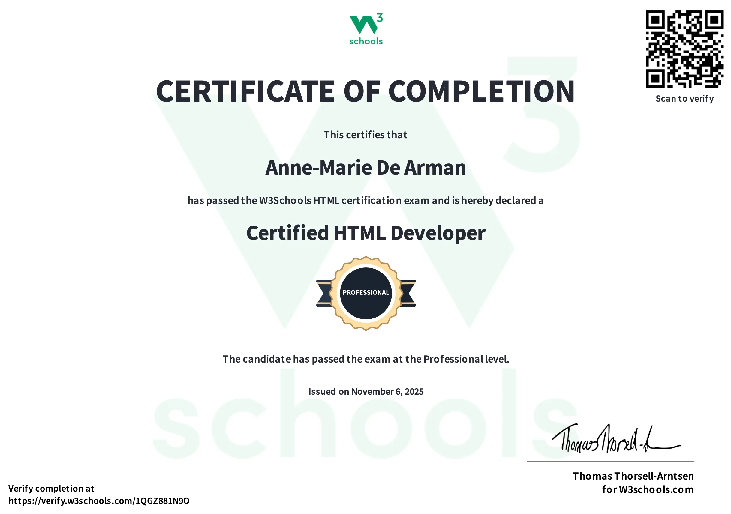 W3Schools Certified HTML Developer — Anne-Marie De Arman, November 2025