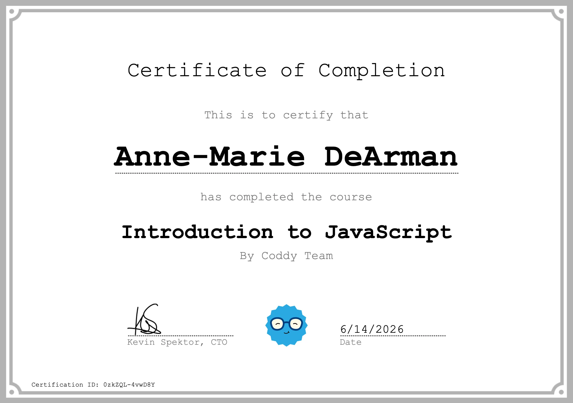 Coddy — Introduction to JavaScript — Anne-Marie DeArman, June 2026